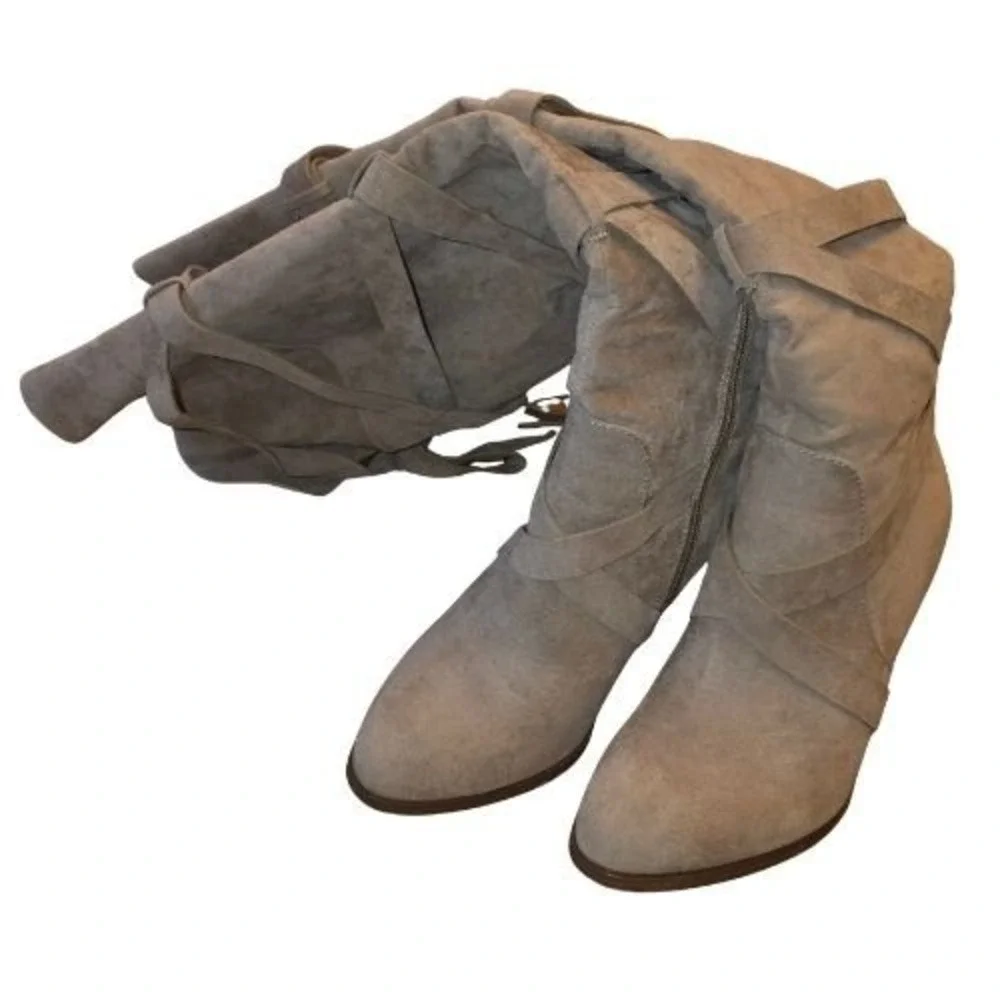 Taupe Sz 10 Faux Suede Over The Knee Thigh HIgh Strappy Stacked Heel‎ Boots